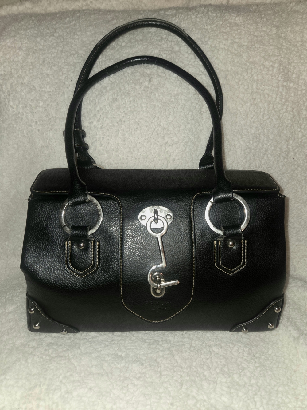 RARE/VINTAGE Prada Black Leather Satchel with Silver Hardware